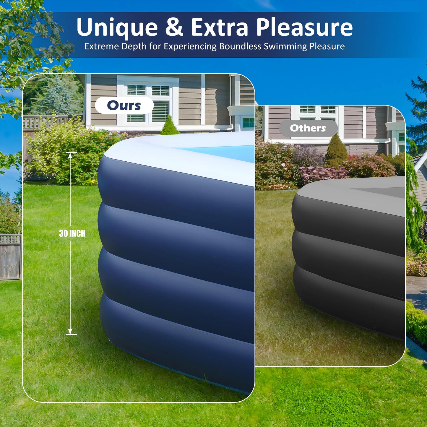 Inflatable Family Swimming Pool, 100"x60"x30" Oversized, Extra-Deep & Reinforced - for Adults, Kids, Backyard, Garden, Summer Fun