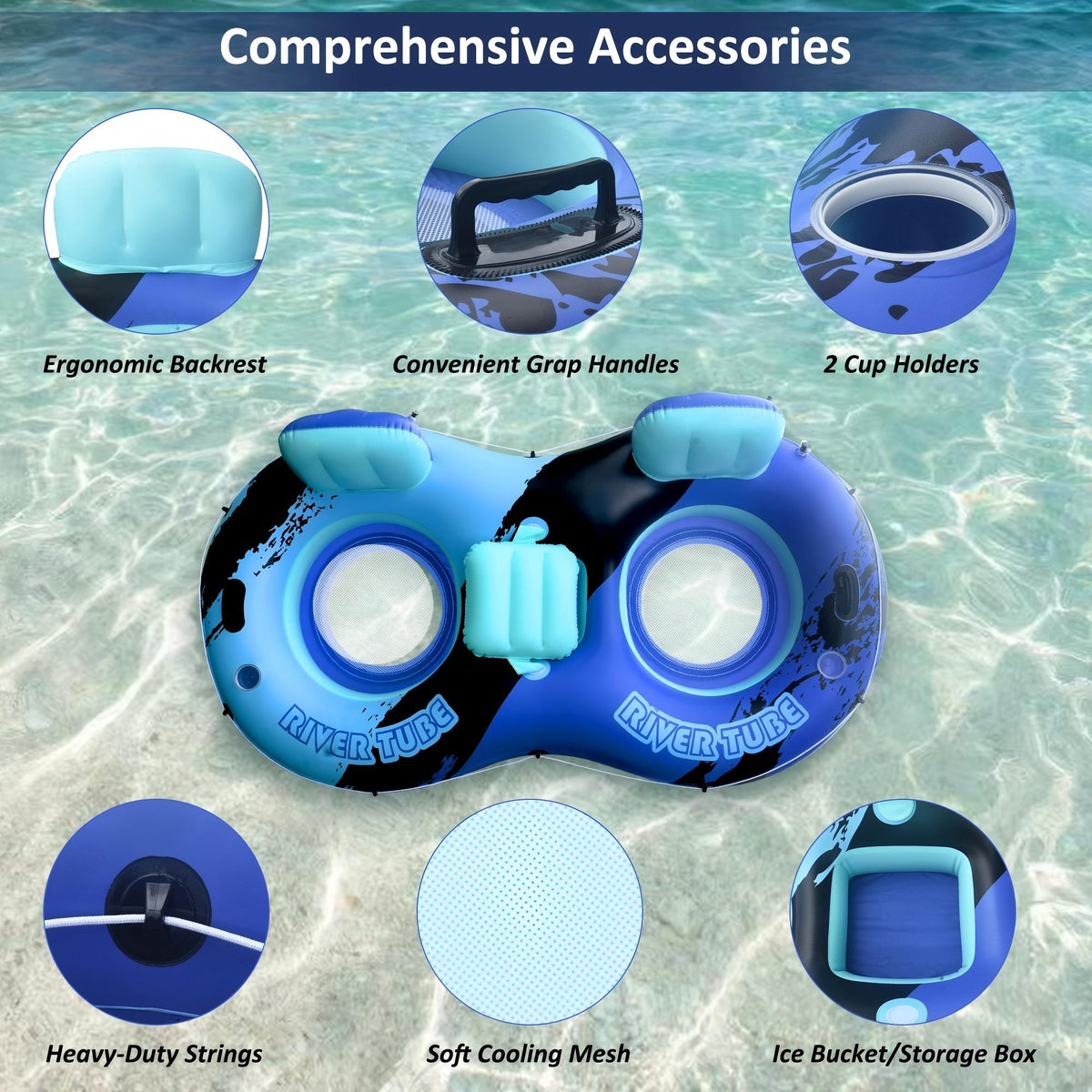Inflatable River Tube Float with Backrest & 2 Cup Holders, Heavy-Duty PVC Puncture-Resistent Raft, 91x50 Inch Oversized, Deluxe Pool Tube for Summer Relaxation