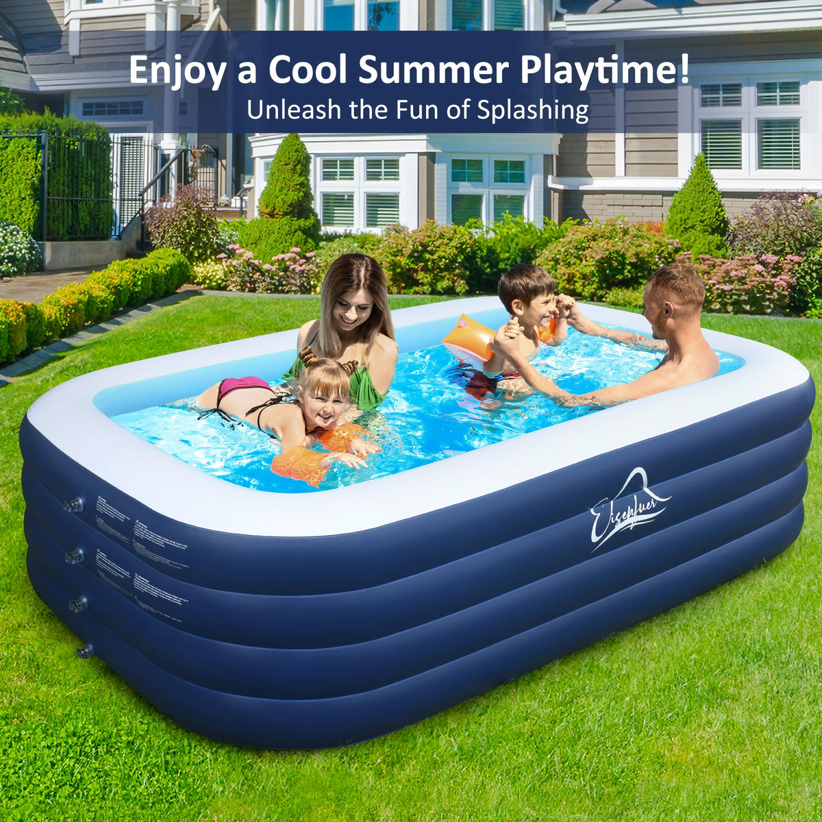 Inflatable Family Swimming Pool, 100"x60"x30" Oversized, Extra-Deep & Reinforced - for Adults, Kids, Backyard, Garden, Summer Fun