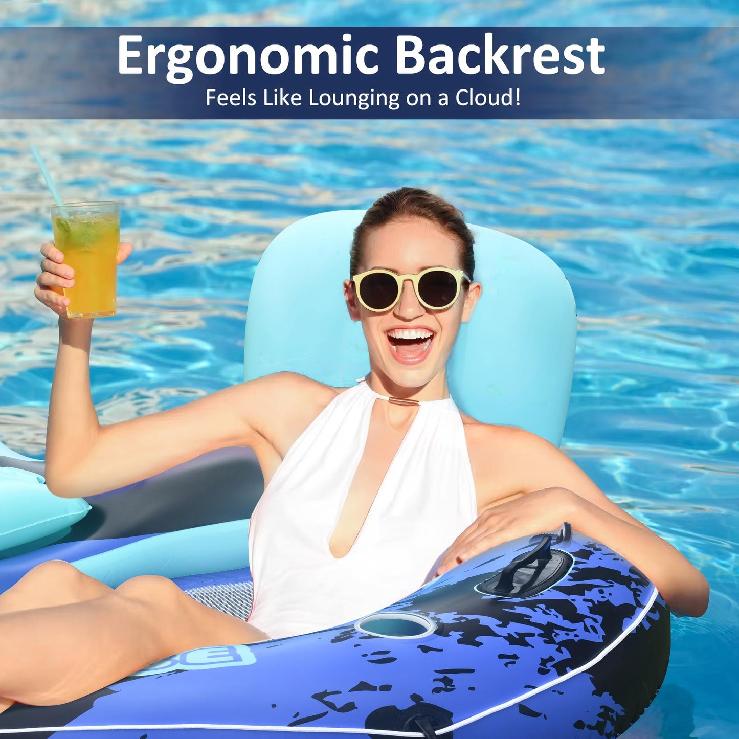 Inflatable River Tube Float with Backrest & 2 Cup Holders, Heavy-Duty PVC Puncture-Resistent Raft, 91x50 Inch Oversized, Deluxe Pool Tube for Summer Relaxation