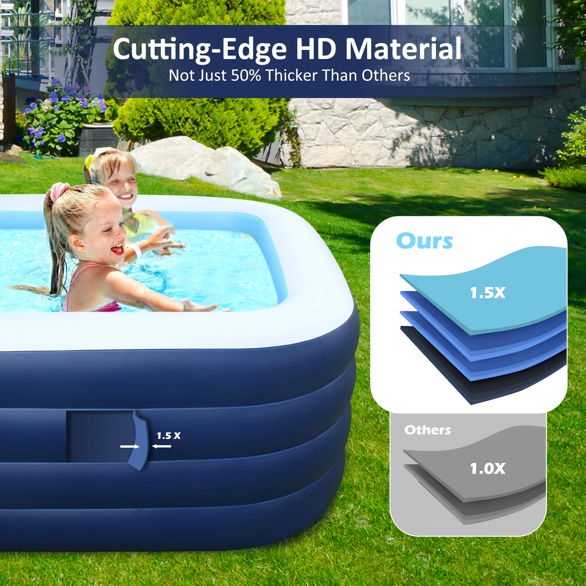 Inflatable Family Swimming Pool, 100"x60"x30" Oversized, Extra-Deep & Reinforced - for Adults, Kids, Backyard, Garden, Summer Fun
