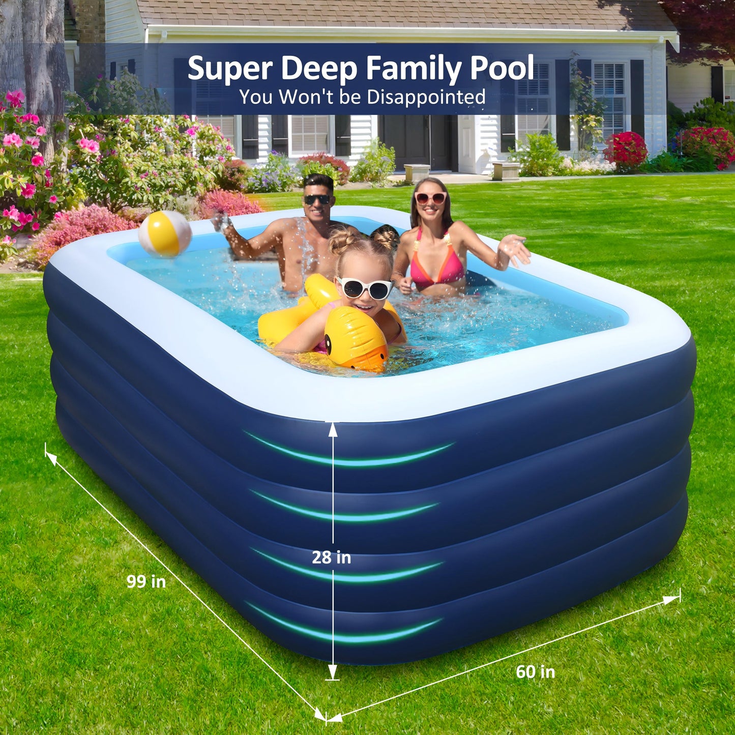 Inflatable Family Swimming Pool, 100"x60"x30" Oversized, Extra-Deep & Reinforced - for Adults, Kids, Backyard, Garden, Summer Fun