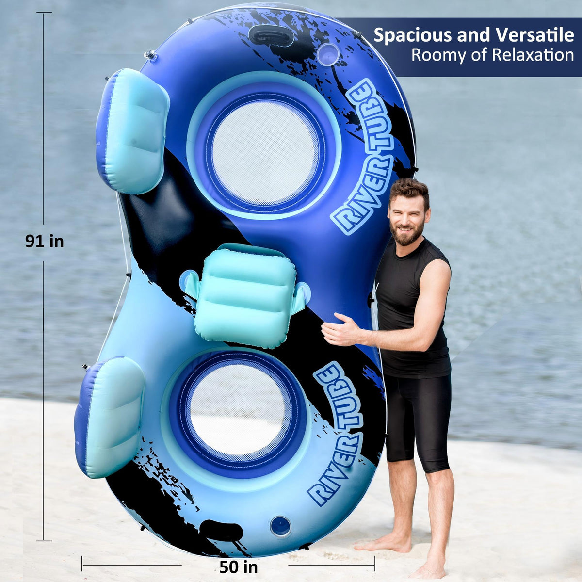 Inflatable River Tube Float with Backrest & 2 Cup Holders, Heavy-Duty PVC Puncture-Resistent Raft, 91x50 Inch Oversized, Deluxe Pool Tube for Summer Relaxation