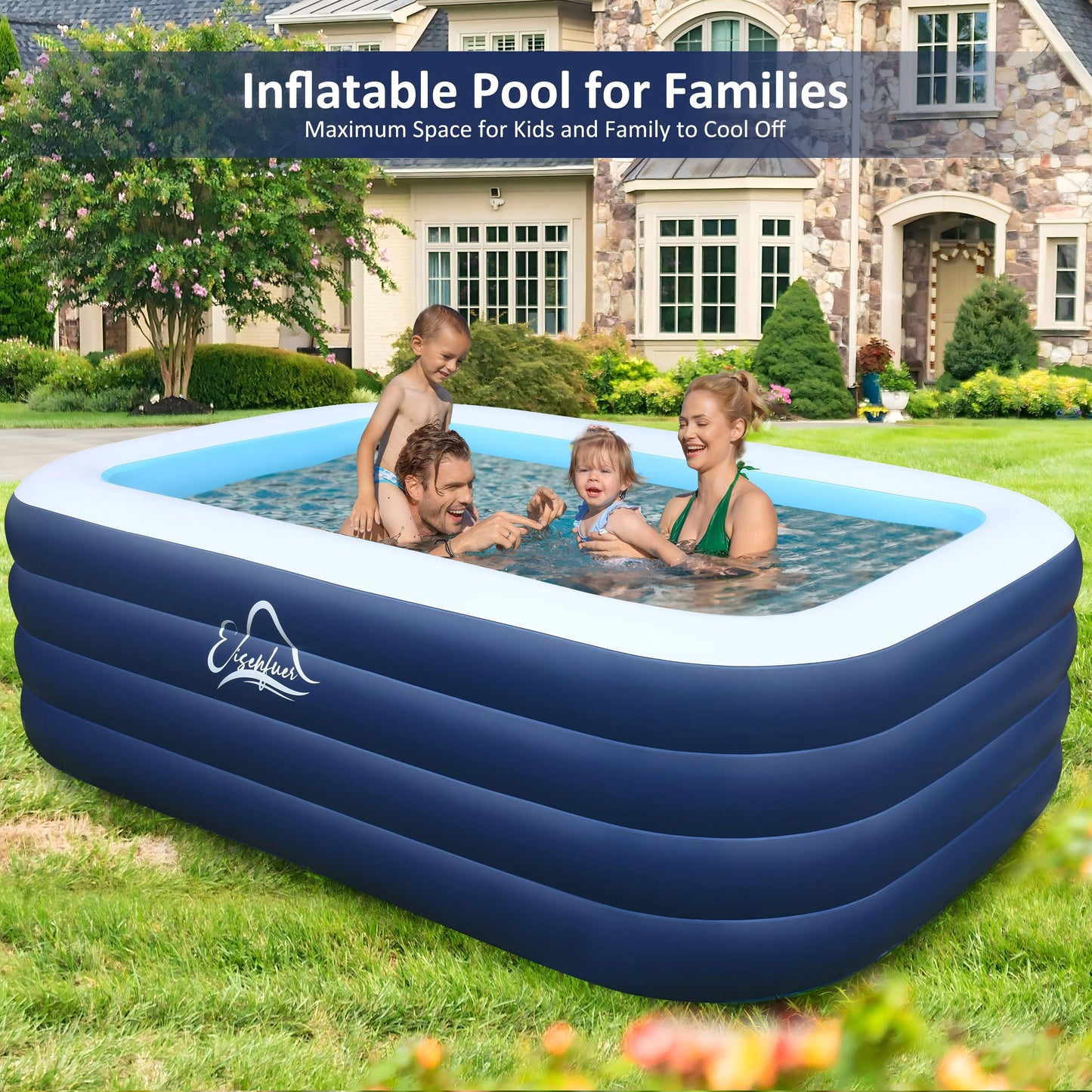 Inflatable Family Swimming Pool, 100"x60"x30" Oversized, Extra-Deep & Reinforced - for Adults, Kids, Backyard, Garden, Summer Fun