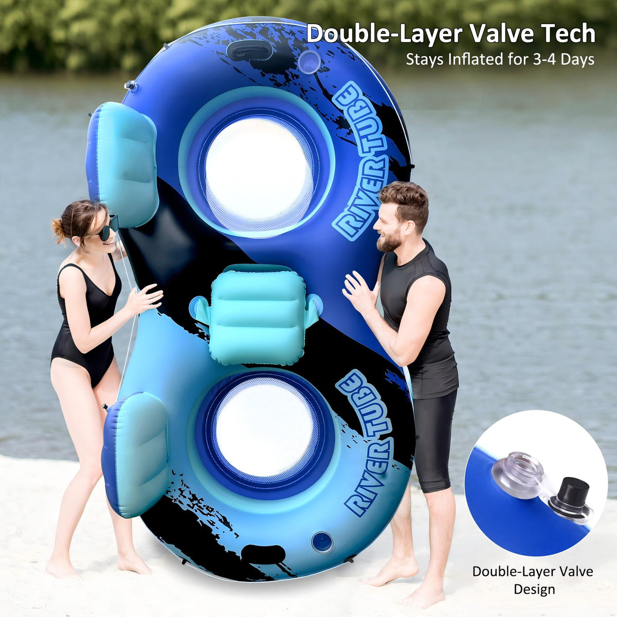 Inflatable River Tube Float with Backrest & 2 Cup Holders, Heavy-Duty PVC Puncture-Resistent Raft, 91x50 Inch Oversized, Deluxe Pool Tube for Summer Relaxation