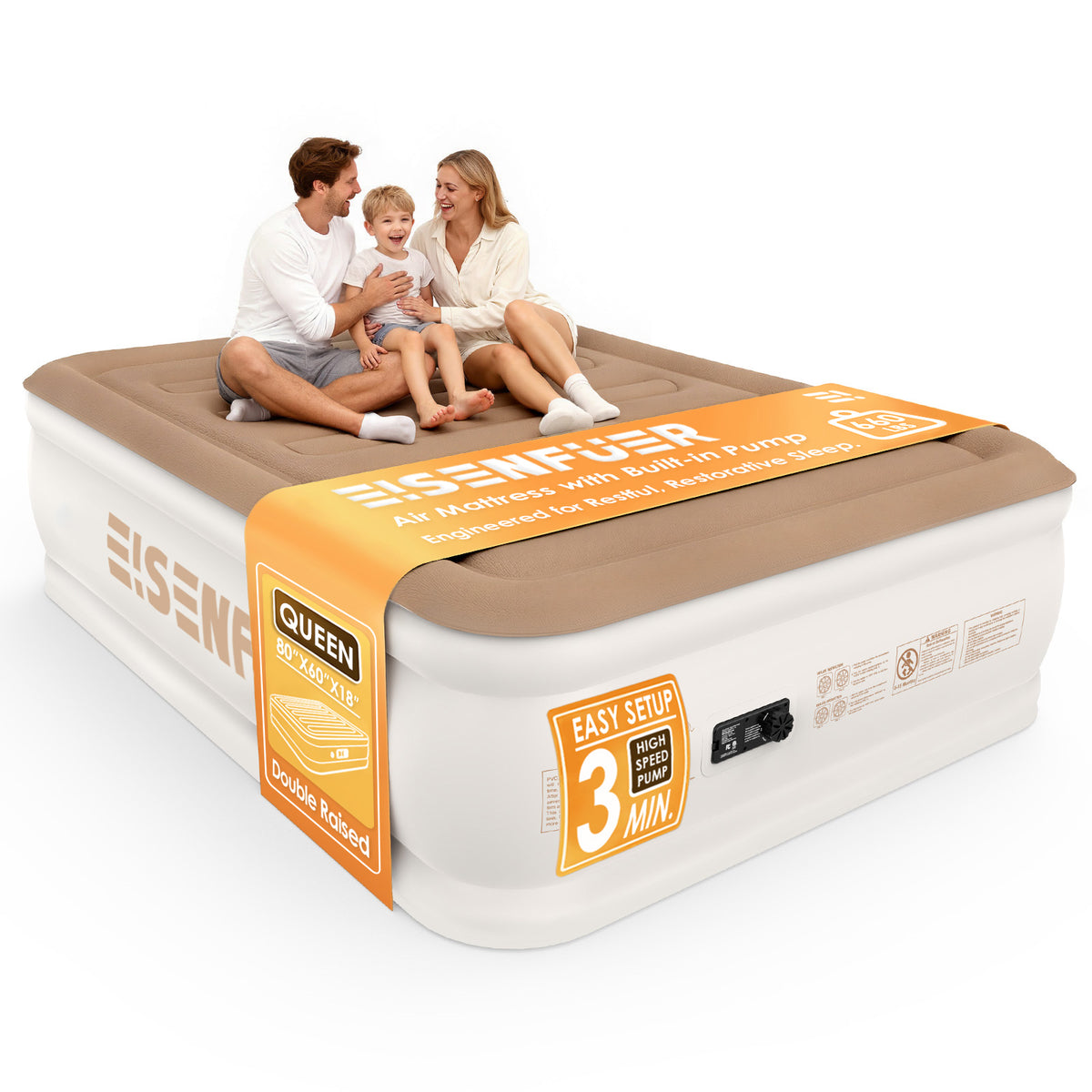 Eisenfuer Air Mattress Queen with Built-in Pump (Horizontal I-Beam)