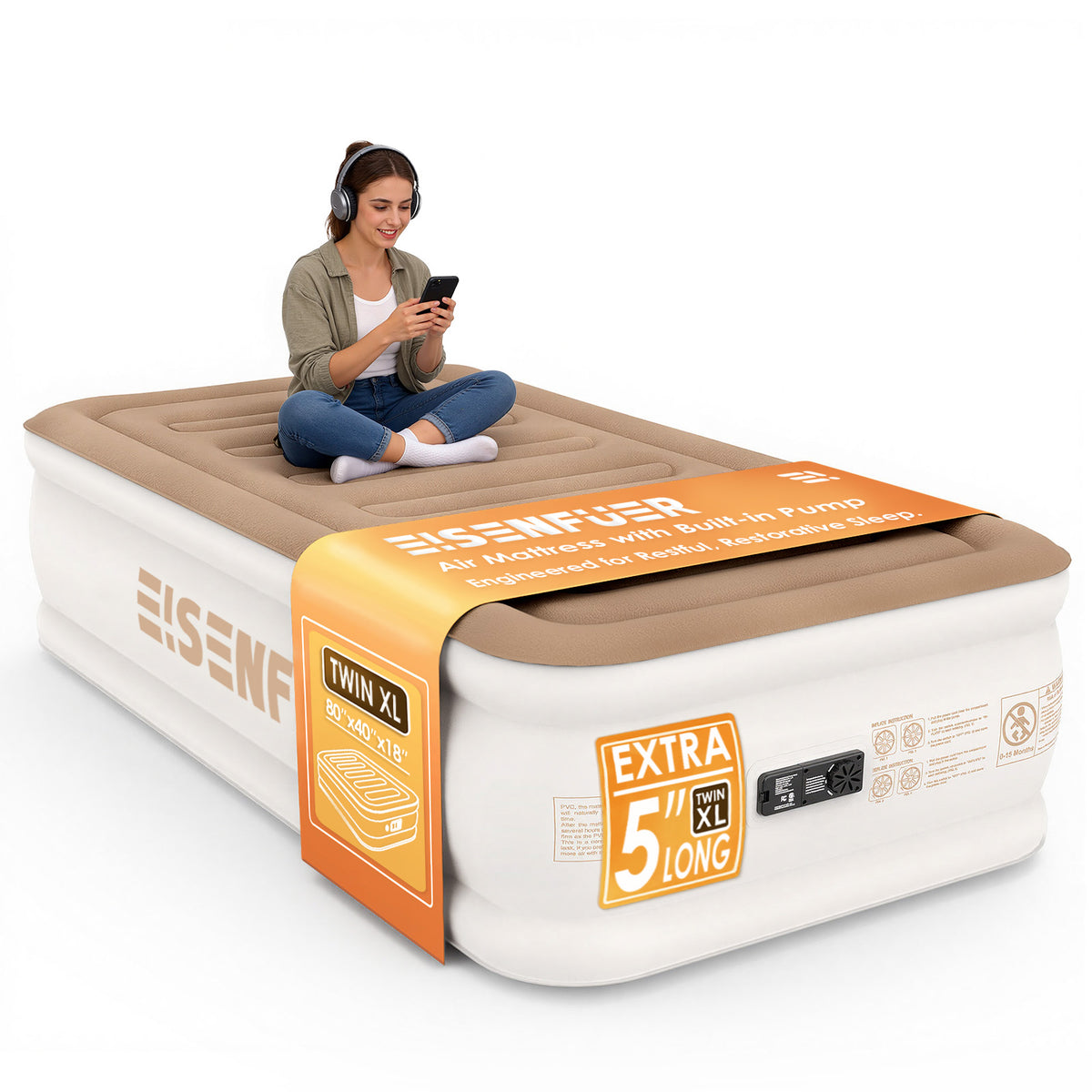 Eisenfuer Air Mattress Twin XL with Built-in Pump (Horizontal I-Beam)
